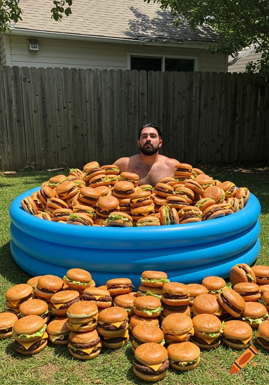 A shirtless, bearded man sits in a blue inflatable pool overflowing with cheeseburgers, with more burgers piled on the grass in a backyard.