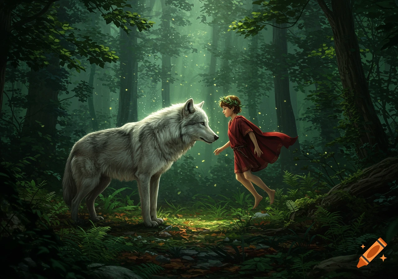 A floating boy with a laurel wreath approaches a white wolf in a magical, sunlit forest. Digital art.