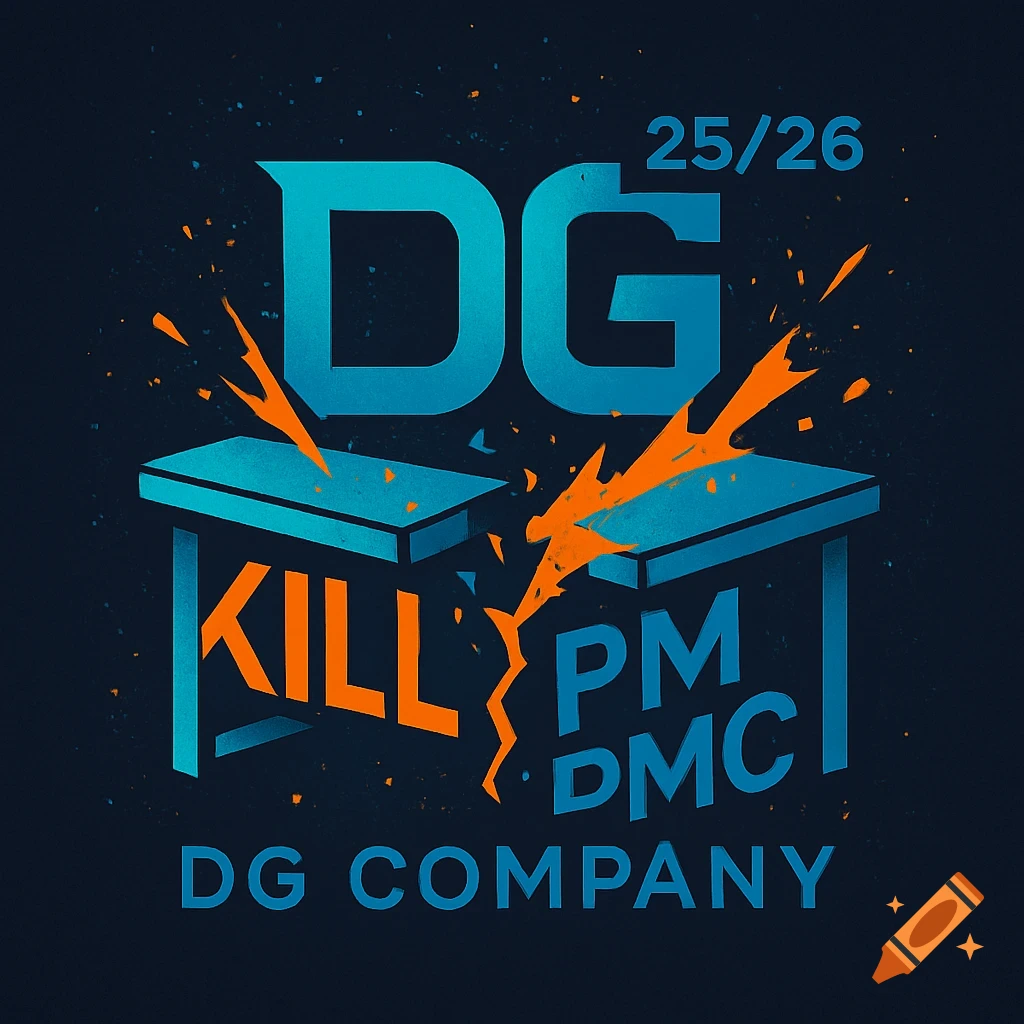 Blue and orange logo with 'DG 25/26', two breaking tables with 'KILL PM DMC' text, and 'DG COMPANY' below.