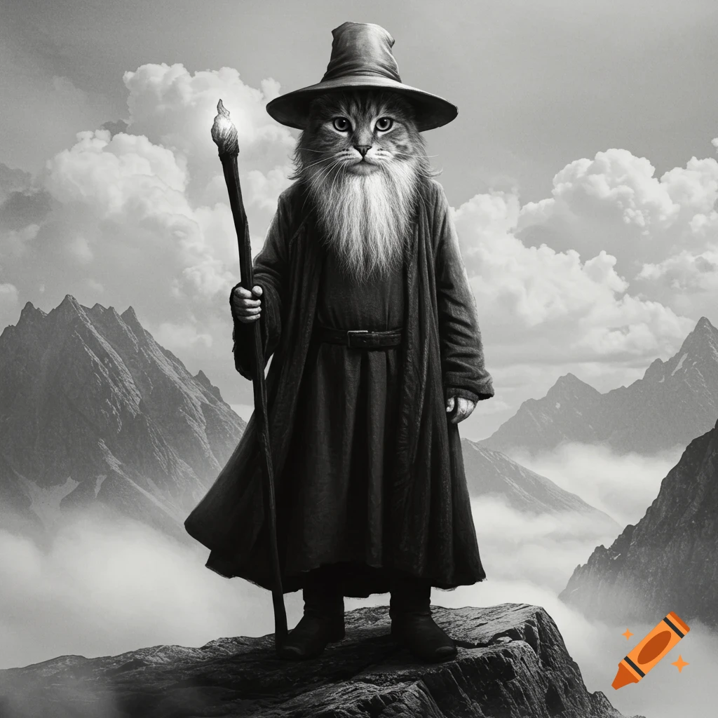 A black and white image of a cat in a wizard's hat and long robe, holding a glowing staff, standing on a rocky mountain peak.