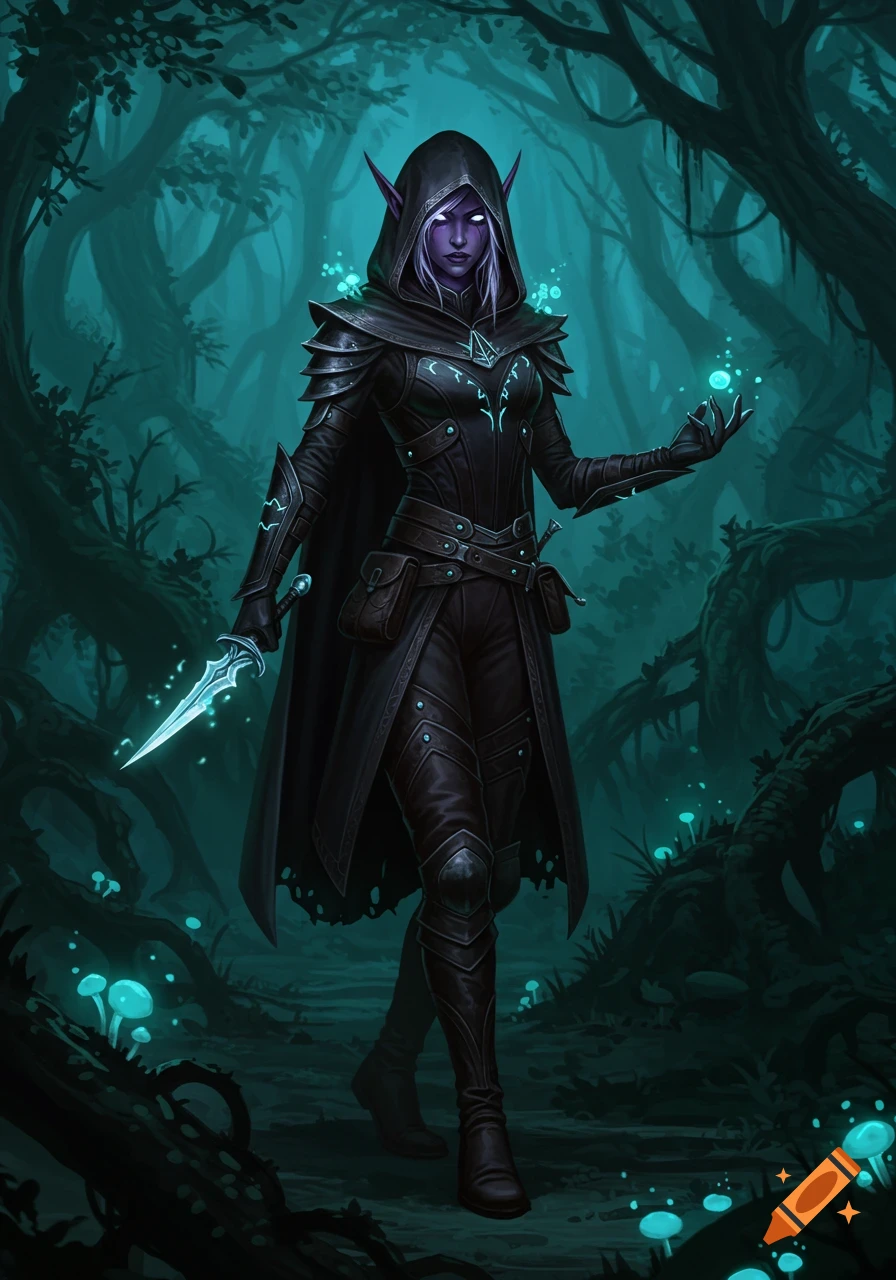 A dark elf rogue in a hooded cloak holds a glowing dagger and conjures magic in a dark, mystical forest with glowing mushrooms.