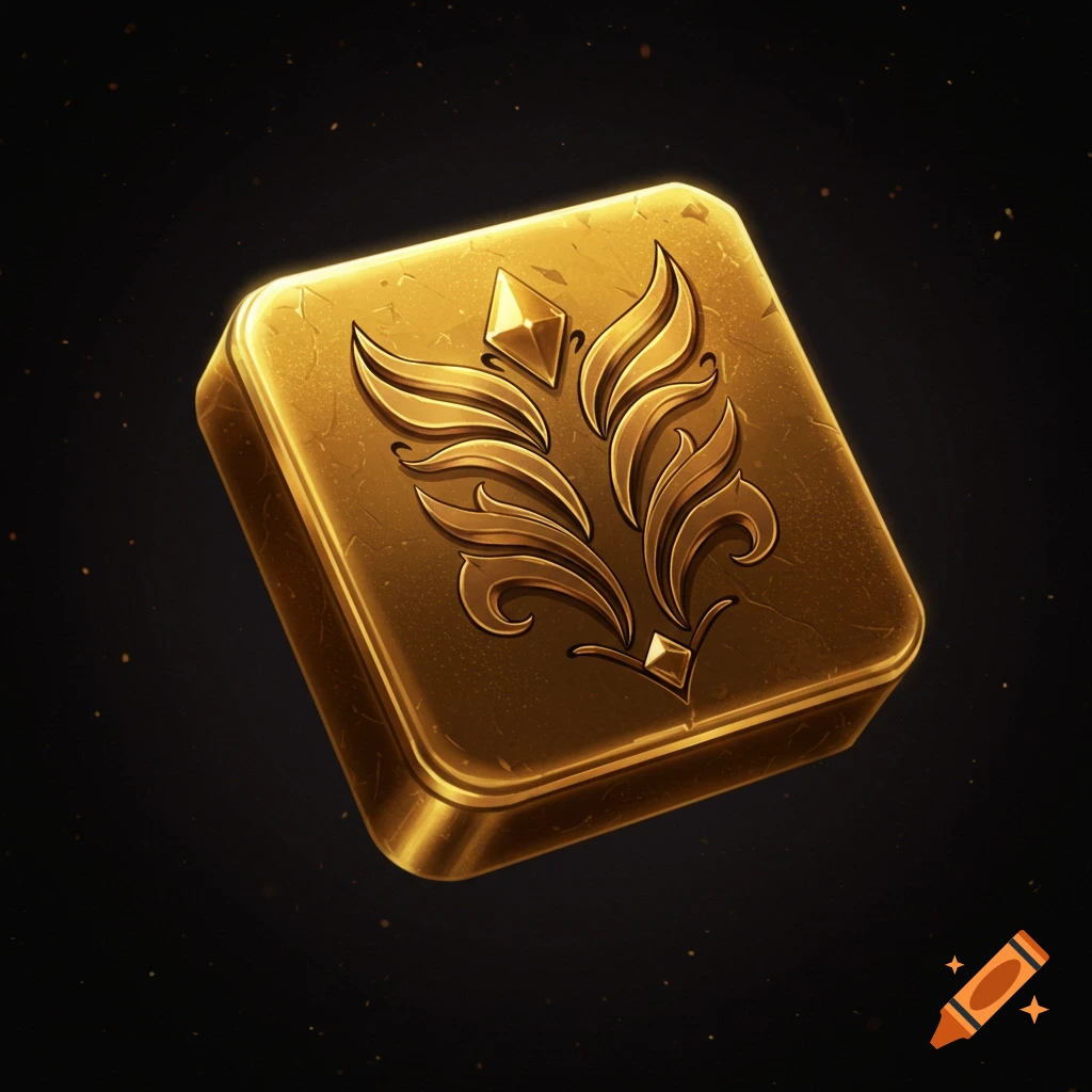 A golden, square game icon with an ornate, symmetrical leaf-like design embossed on its surface, against a dark background.