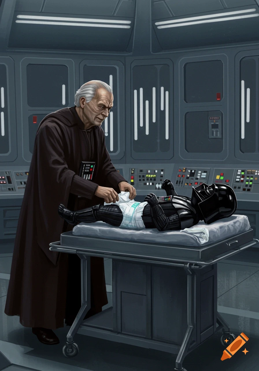 Emperor Palpatine changes a diaper on a baby Darth Vader in a spaceship control room, cartoon style.