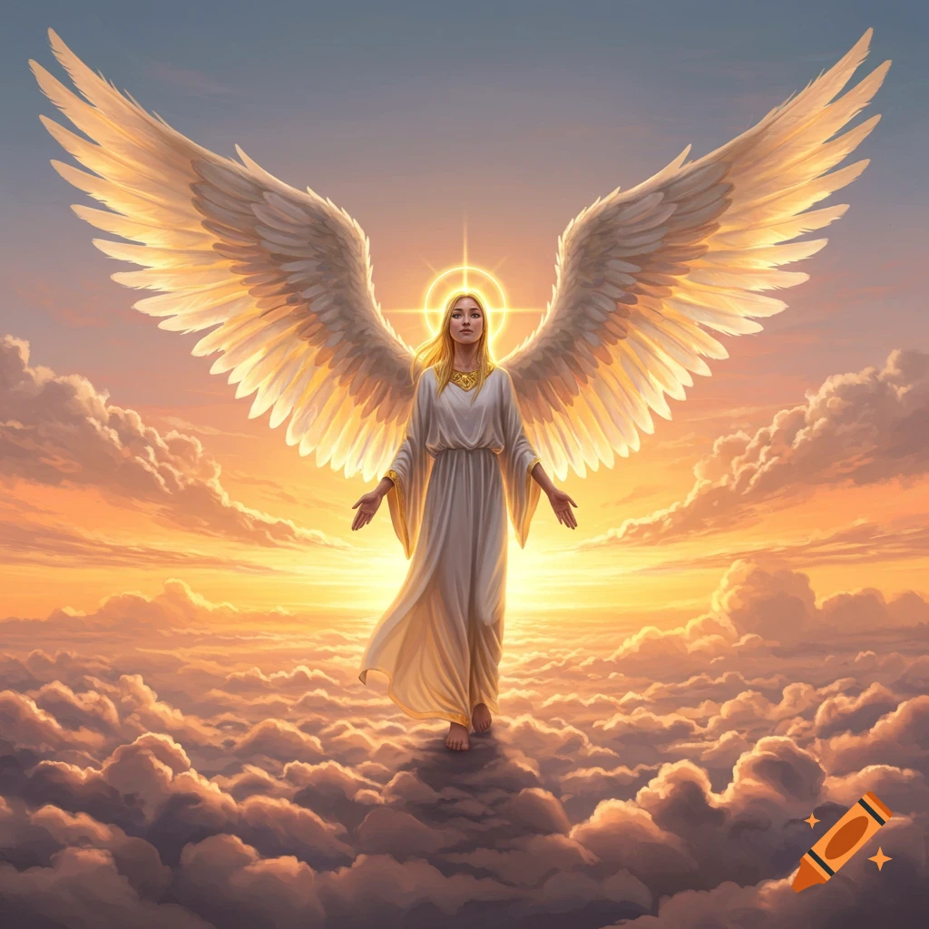 A majestic angel with large white wings and a glowing halo stands on clouds against a sunrise sky, arms outstretched.