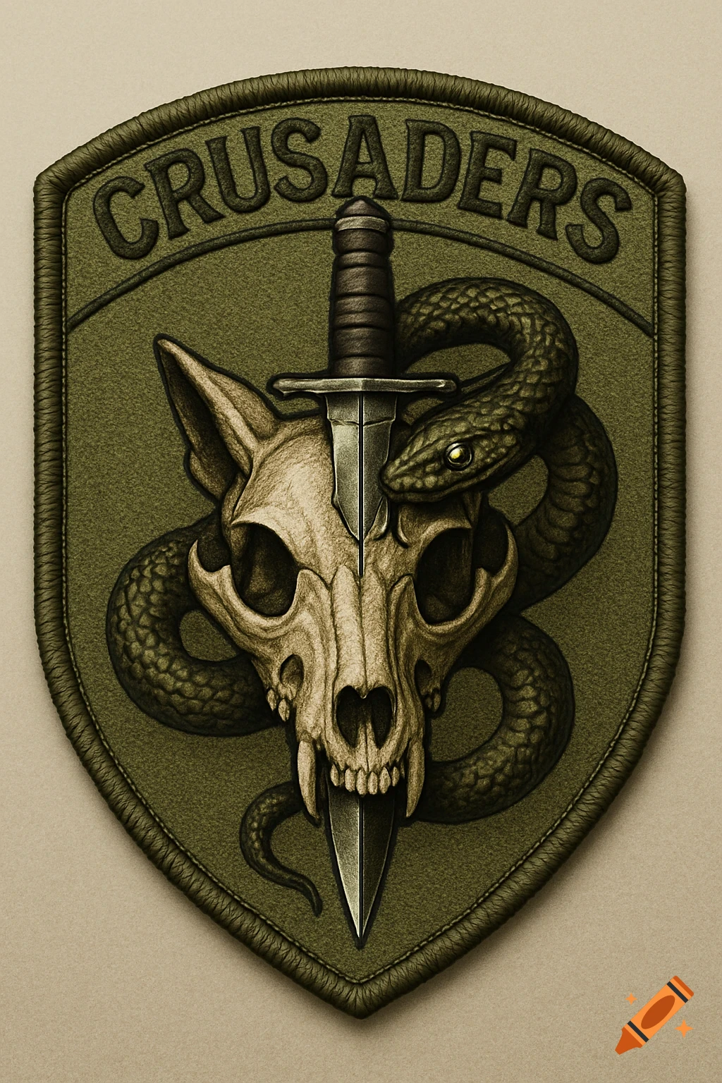 A detailed olive drab military patch with a fox skull, a dagger piercing it, a snake coiled around the dagger, and 'CRUSADERS' text.