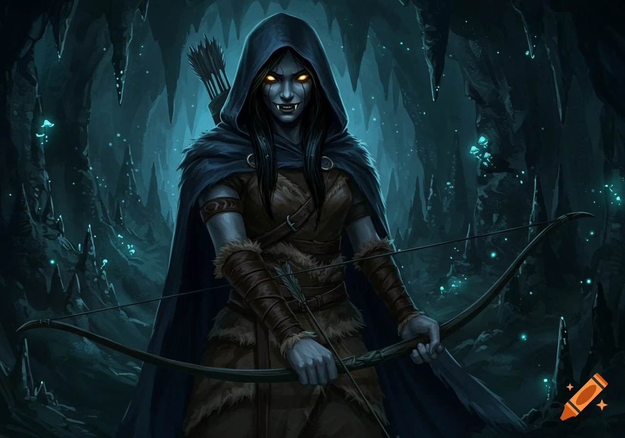A pale-skinned, fanged woman in a blue hood and tribal furs holds a shortbow in a dark cave with glowing turquoise fungi. Fantasy illustration.