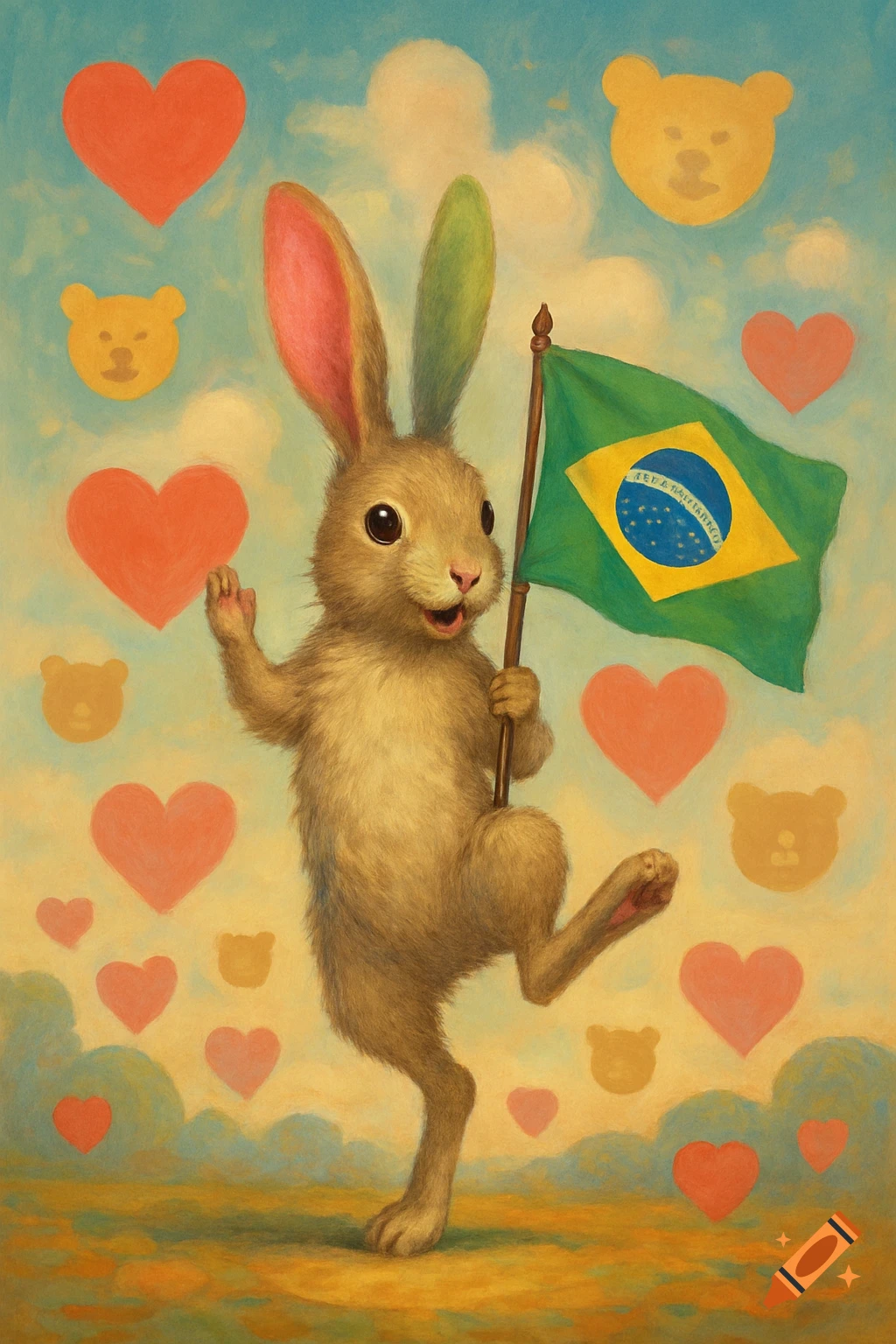 A whimsical rabbit with one pink and one green ear, standing on one foot and waving a Brazilian flag, surrounded by floating hearts and bear faces. Painted style.