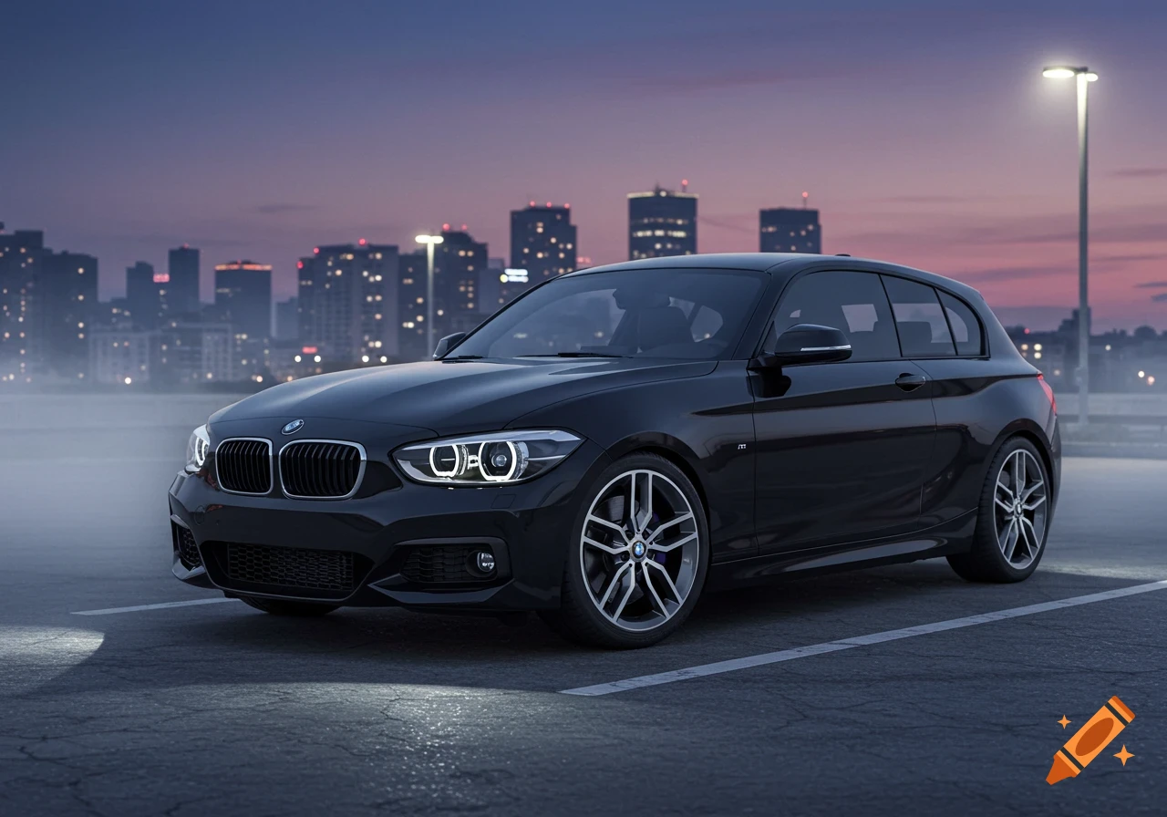 A black BMW hatchback parked in a city parking lot at dusk, with illuminated buildings and a street lamp in the background.