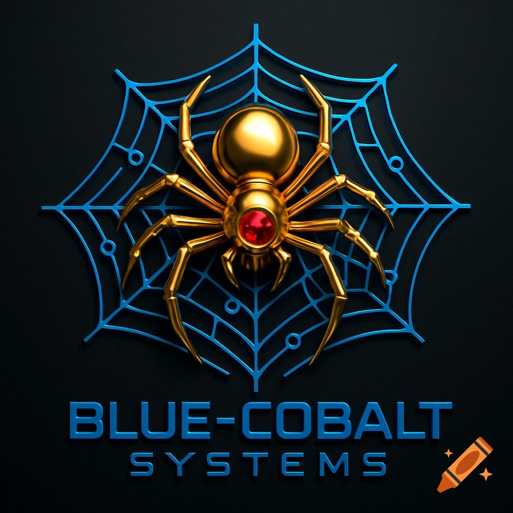 3D logo featuring a shiny golden spider with a ruby eye on a blue circuit board web, and 'BLUE-COBALT SYSTEMS' text.