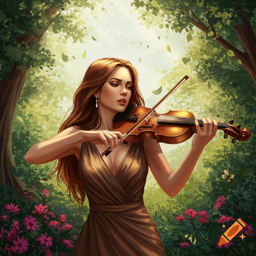 Artistic illustration of a woman with long brown hair playing a violin in a sunlit forest with pink flowers.
