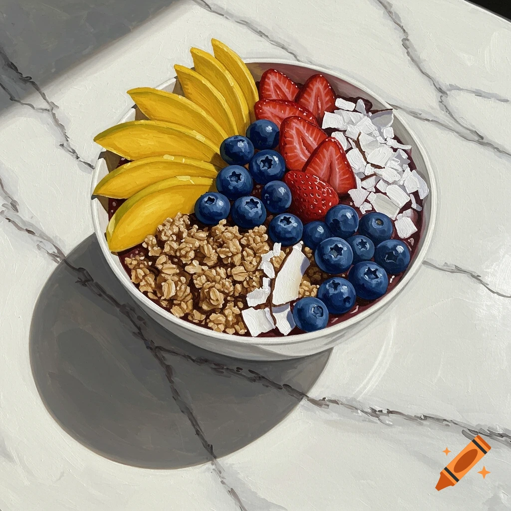 A vibrant acai bowl with sliced mango, blueberries, strawberries, granola, and coconut flakes sits on a white marble table in a painterly style.