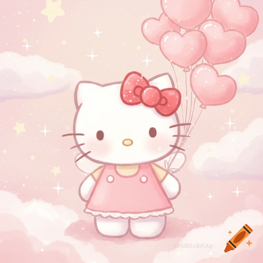Hello Kitty in a pink dress holds pink heart balloons in a pastel sky with clouds and stars, in a soft cartoon style.