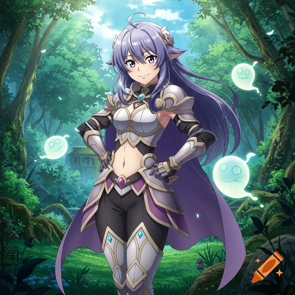 Anime elf warrior with long purple hair and armor, smiling confidently in an enchanted forest with glowing spirits.
