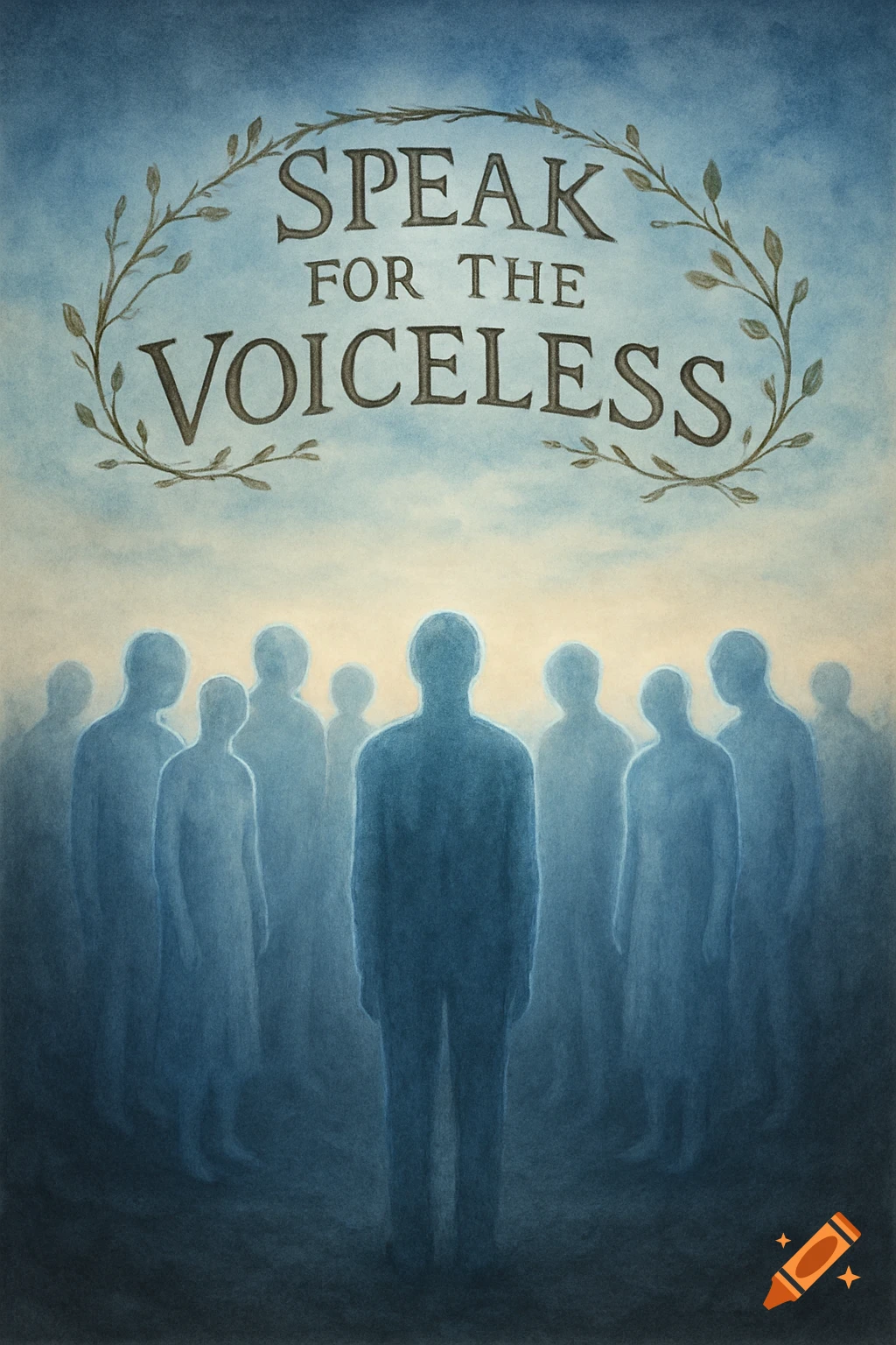 An ethereal watercolor illustration shows ghostly blue figures beneath the text 'SPEAK FOR THE VOICELESS' framed by olive branches.