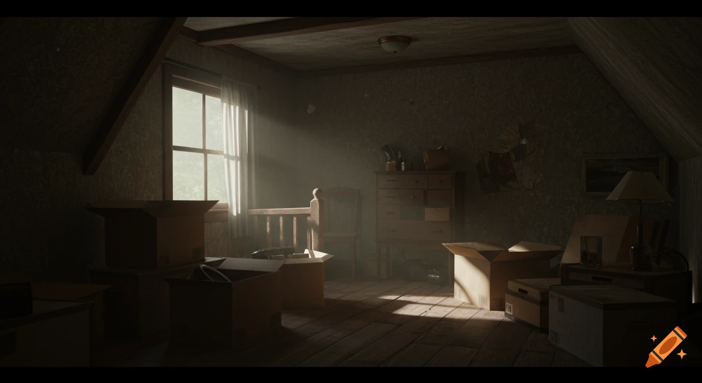 A dimly lit, dusty attic room filled with cardboard boxes and old furniture, with a shaft of sunlight cutting through a window.