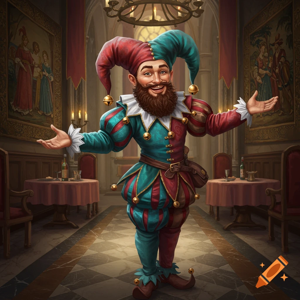 A smiling, bearded court jester in a red and teal costume with bells stands in a grand hall with arms outstretched, detailed digital art.