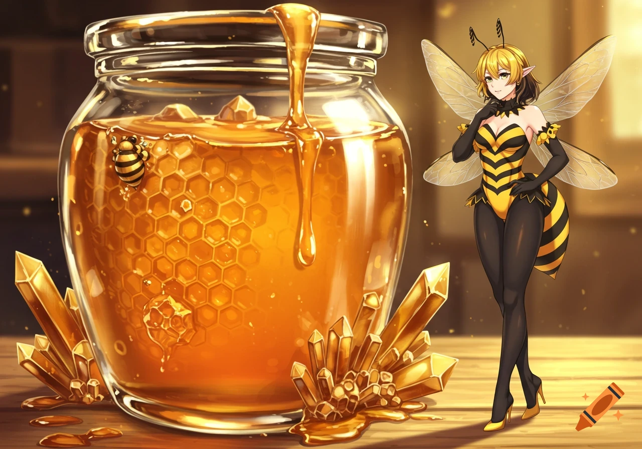 Anime bee-woman stands next to a jar of honey with honeycombs and golden crystals in an anime style illustration.