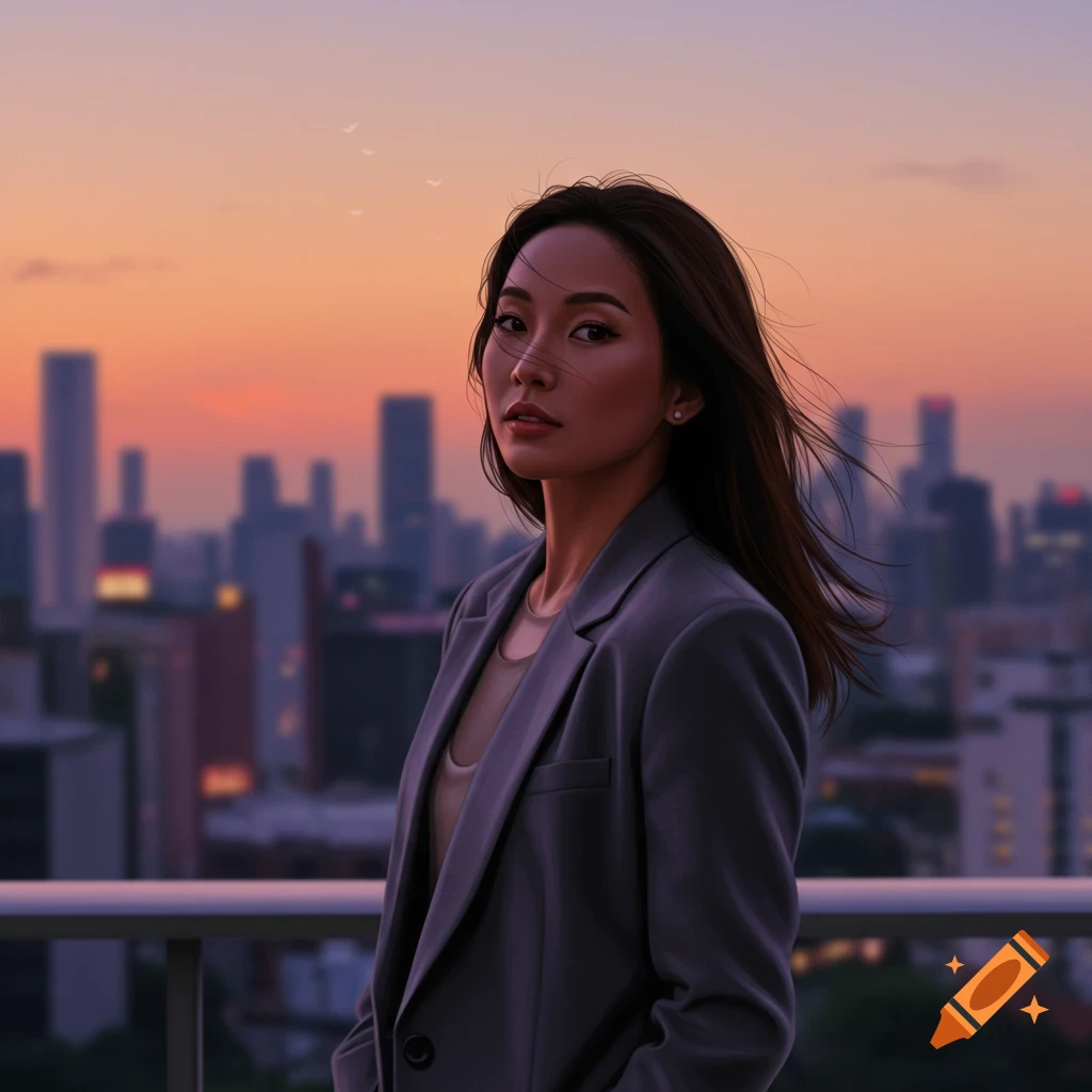 A young woman in a grey blazer stands on a rooftop, looking at the viewer, with a blurred city skyline at sunset behind her.