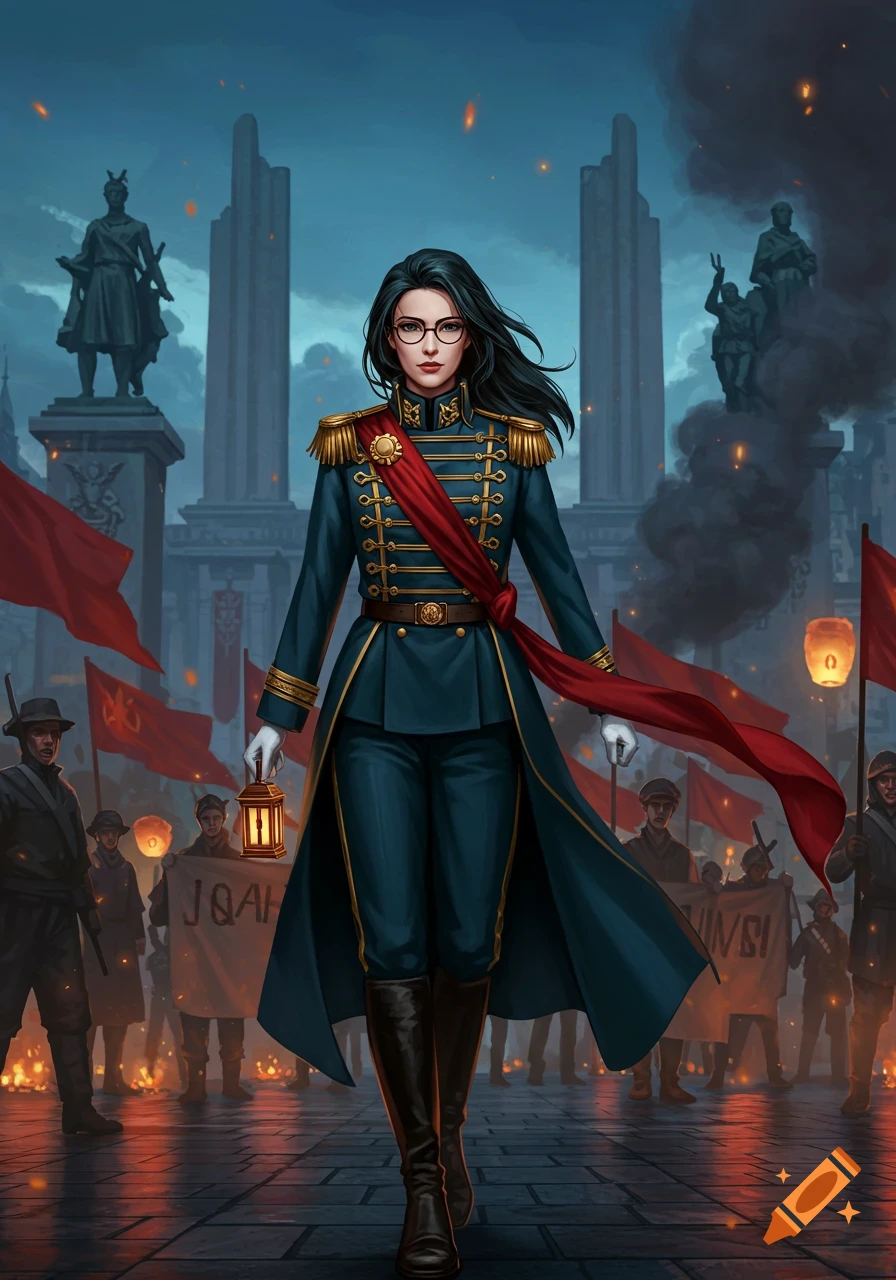 A woman in a dark blue military uniform with a red sash and gold trim walks confidently with a lantern through a smoky street amidst a crowd carrying red flags and banners in a digital art style.