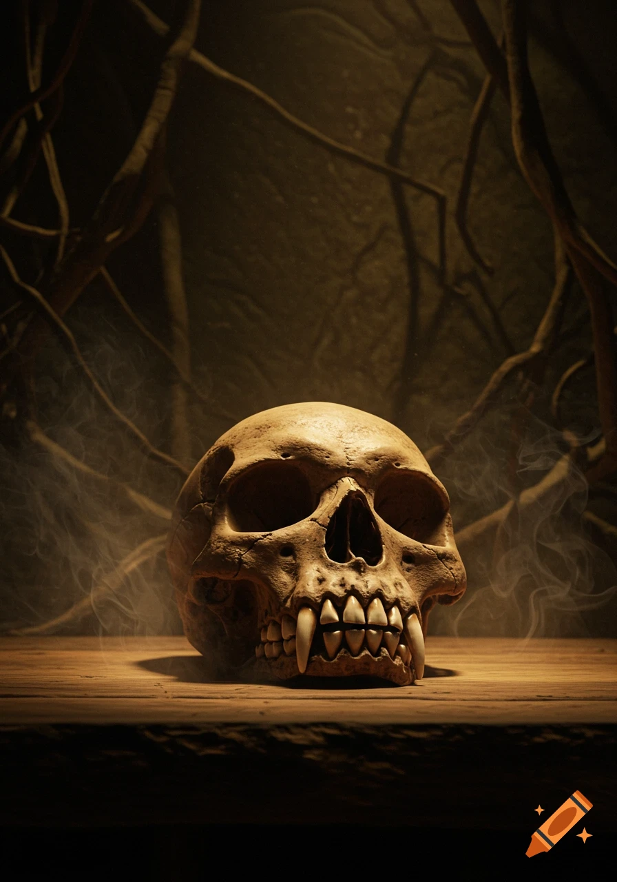A fanged skull with prominent teeth rests on a wooden surface, surrounded by smoke and dark tangled roots in a moody, low-light setting.