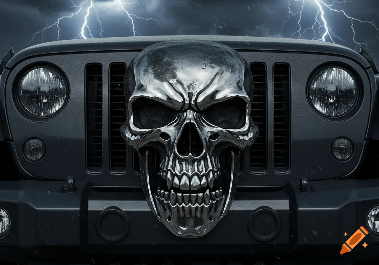 A chrome skull emblem on the grille of a black jeep, under a stormy sky with lightning.