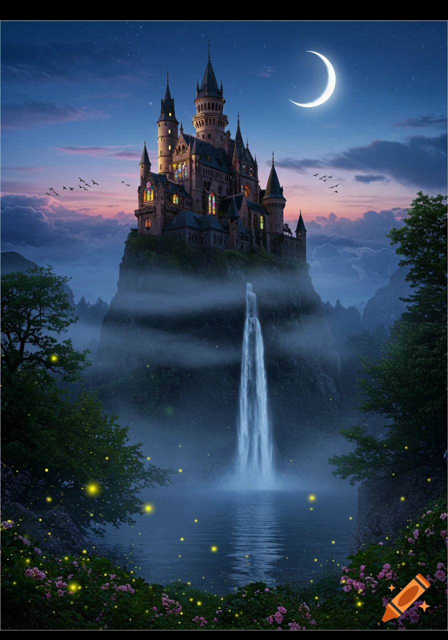 A fantasy castle sits atop a misty cliff with a waterfall flowing into a lake. A crescent moon shines in the twilight sky, and fireflies glow around pink flowers.