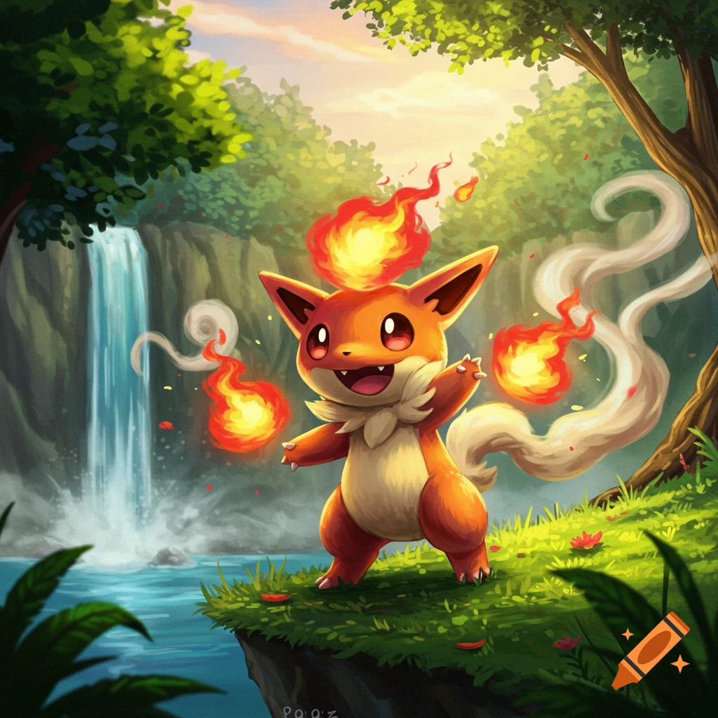 A cute, orange, fire-type Pokemon-like creature with flames on its head and paws smiles in a lush green forest by a waterfall.