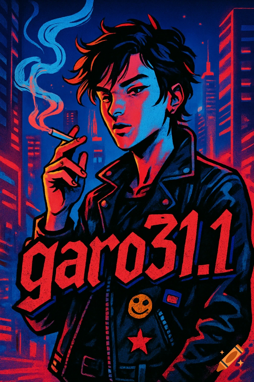 Anime-style character in a leather jacket smoking a cigarette against a neon blue and red cityscape, with 'garo31.1' on their chest.