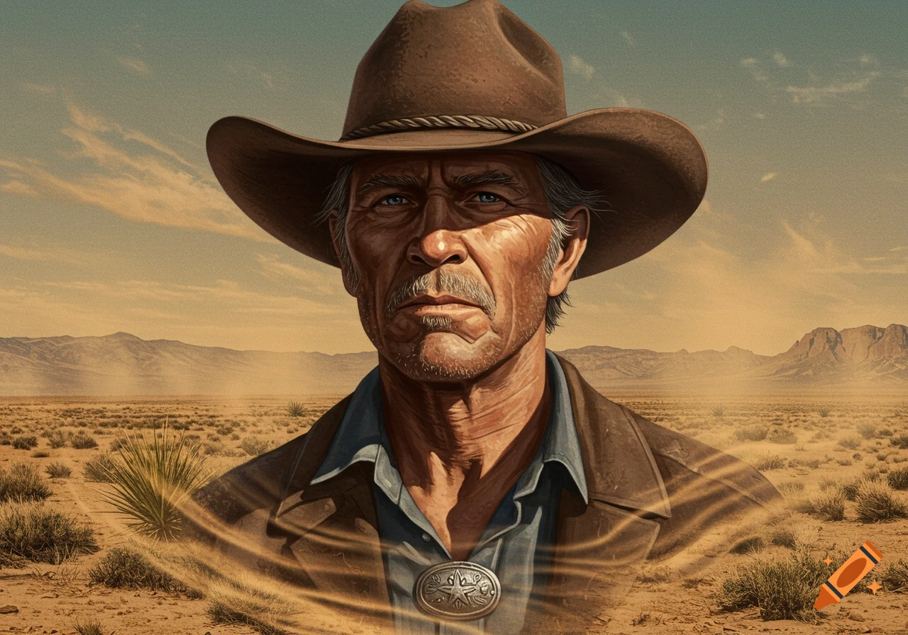 A close-up portrait of an older man with blue eyes, a mustache, and a beard, wearing a brown cowboy hat and jacket, standing in a sunlit desert with mountains in the background.