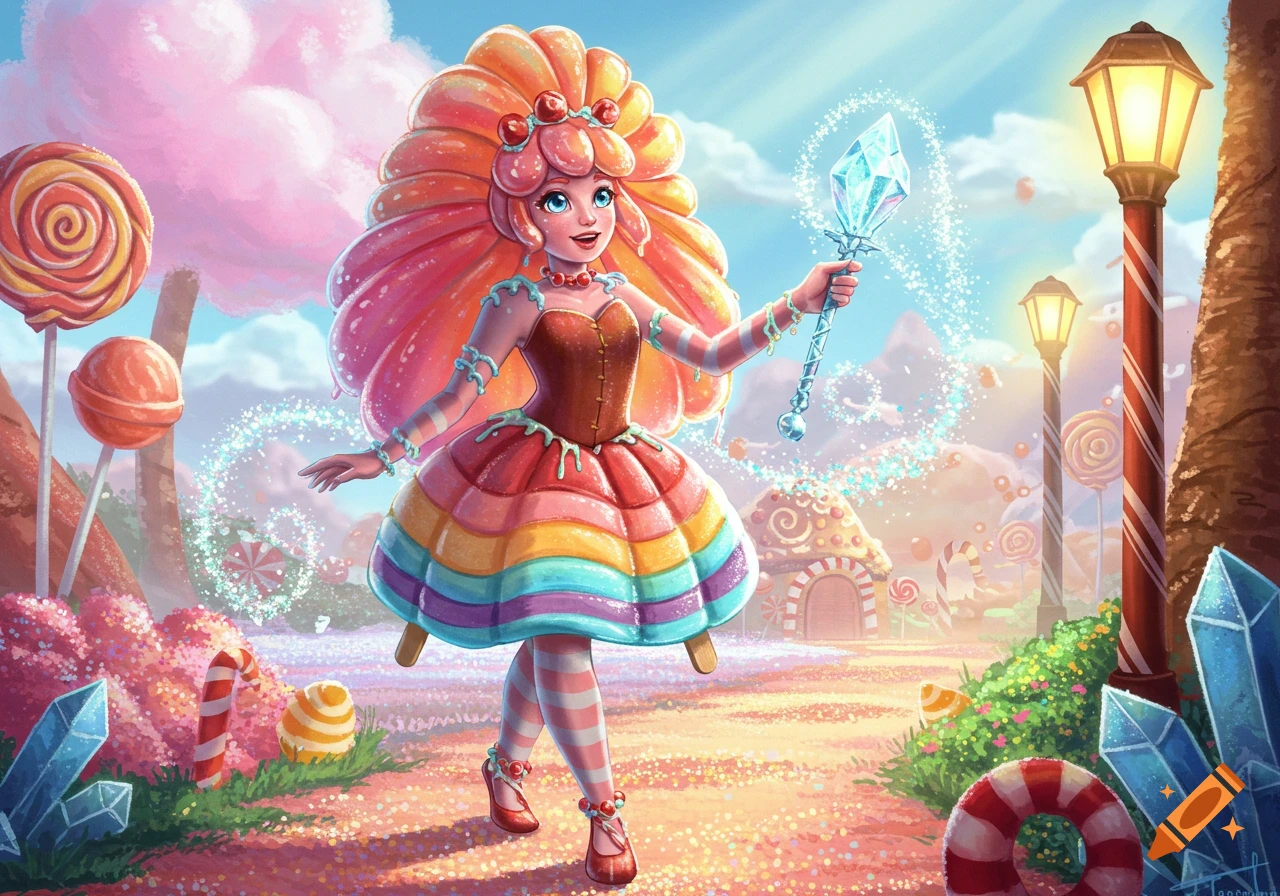 A vibrant cartoon candy girl with long pink hair and a rainbow dress, holding a sparkling scepter in a whimsical candy land.