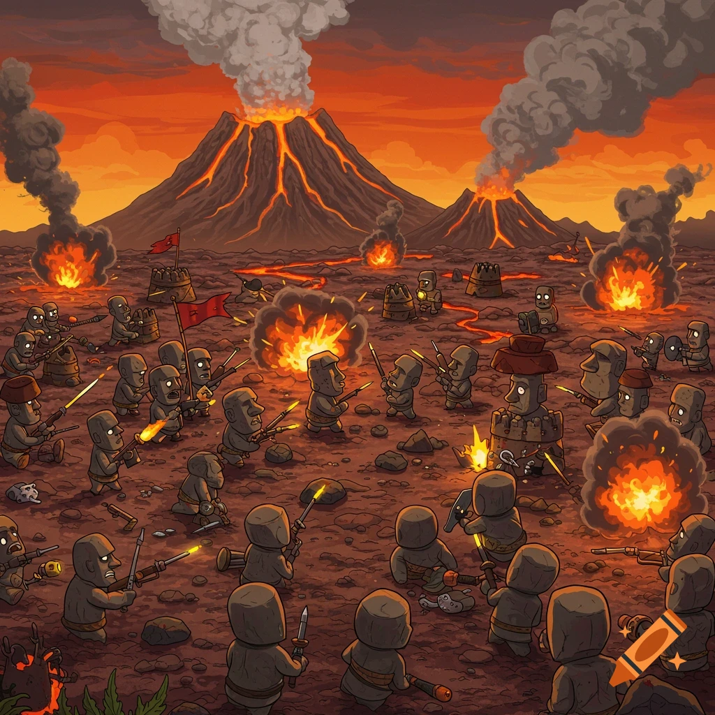 Cartoon moai statues battle with weapons and explosions in a fiery volcanic landscape with lava.