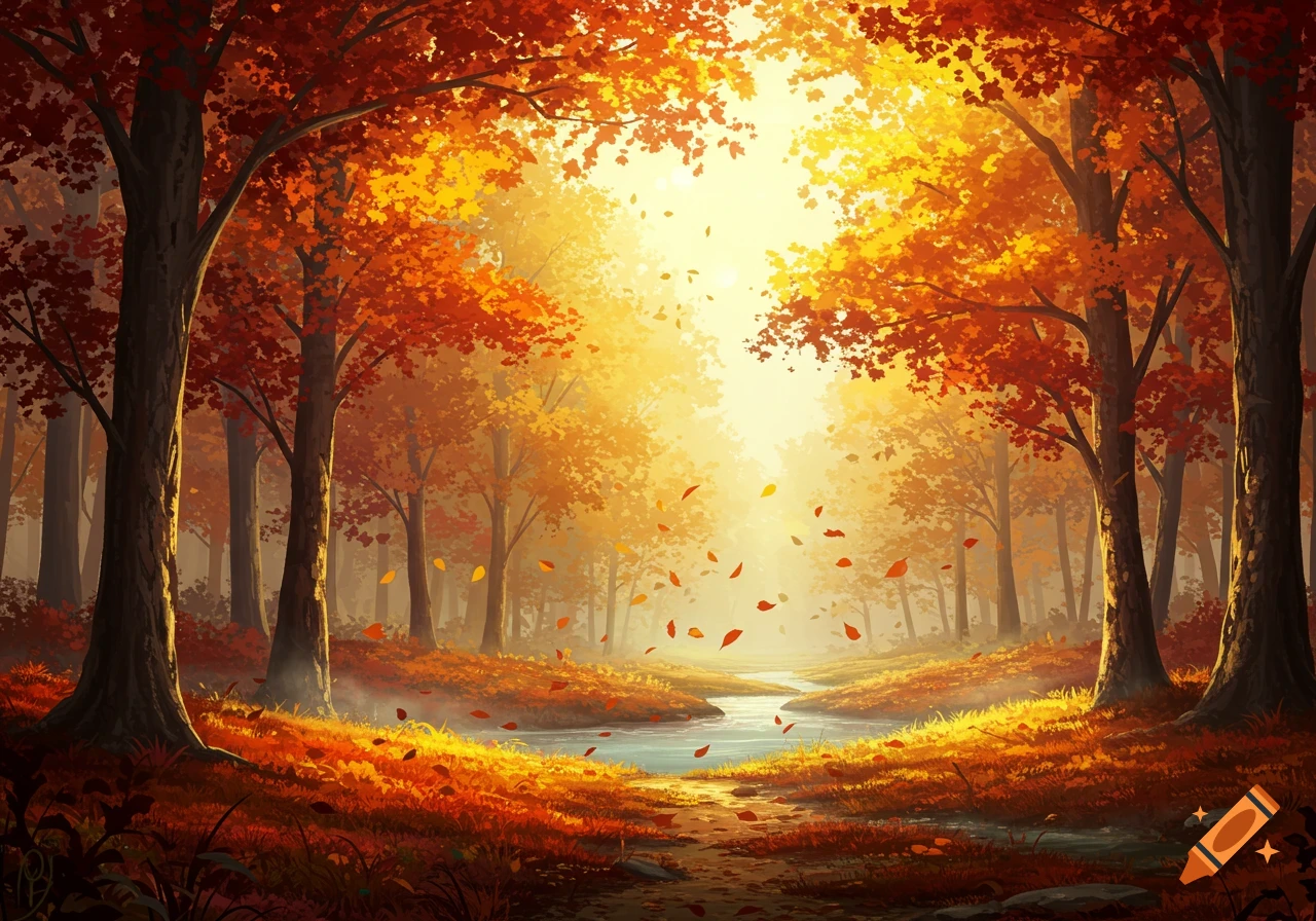 A vibrant autumn forest scene with golden light filtering through orange and red trees, a small stream flowing through fallen leaves.