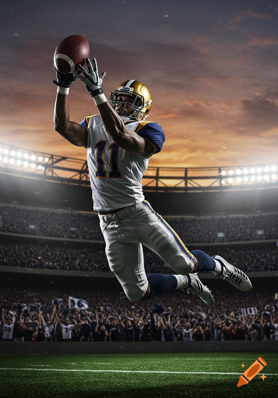 A football player in uniform leaps to catch a football in a stadium at sunset.