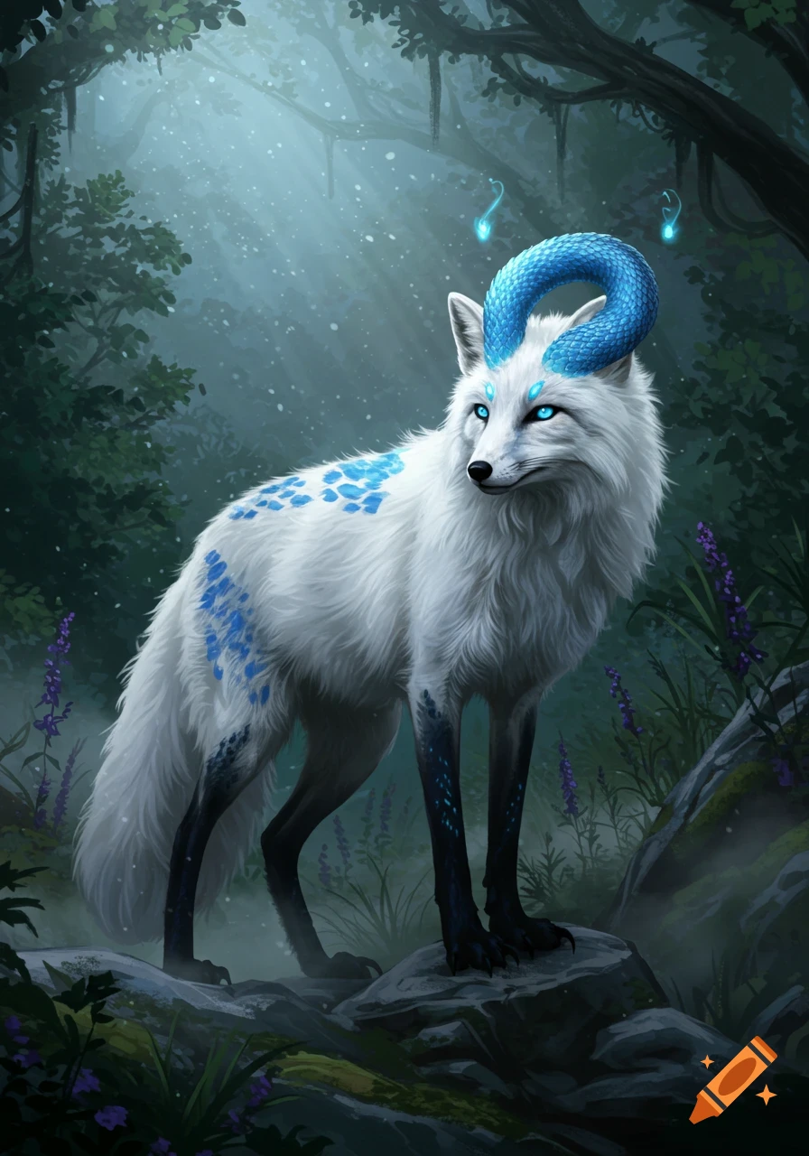 A mystical white fox with blue snake-like horns, glowing blue eyes, blue markings, and dark legs stands in a magical forest.