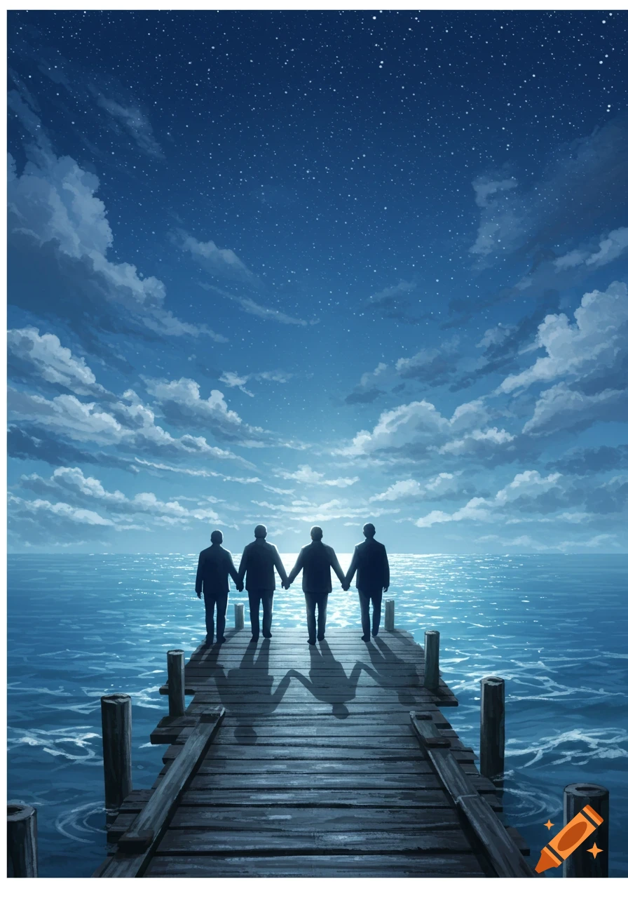 Four silhouetted figures holding hands walk down a wooden pier towards a bright horizon over the ocean under a cloudy, starry night sky.