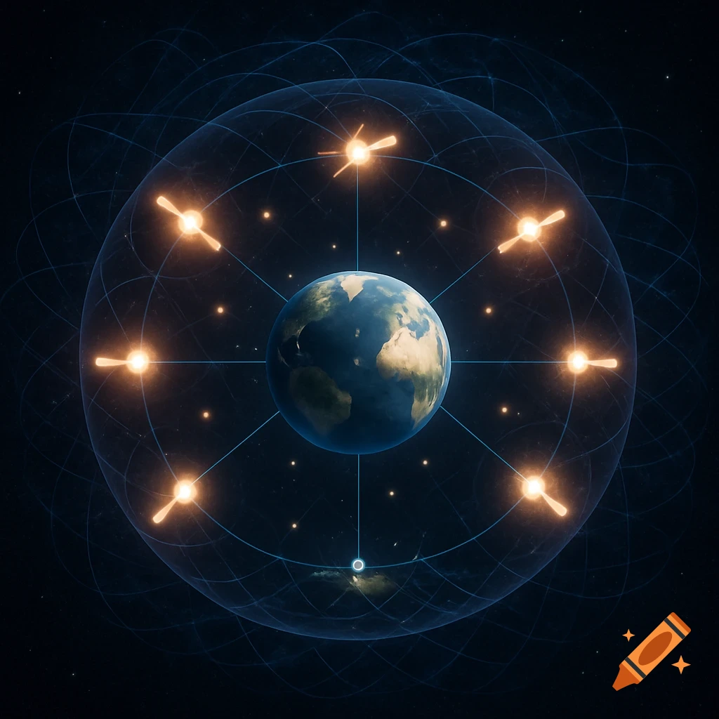 Scientific illustration of Earth at the center of a pulsar timing array, surrounded by glowing pulsars and a blue spacetime grid.