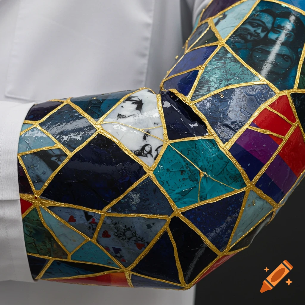 Close-up of a white lab coat sleeve decorated with a kintsugi-style mosaic of colorful pieces joined by gold lines.