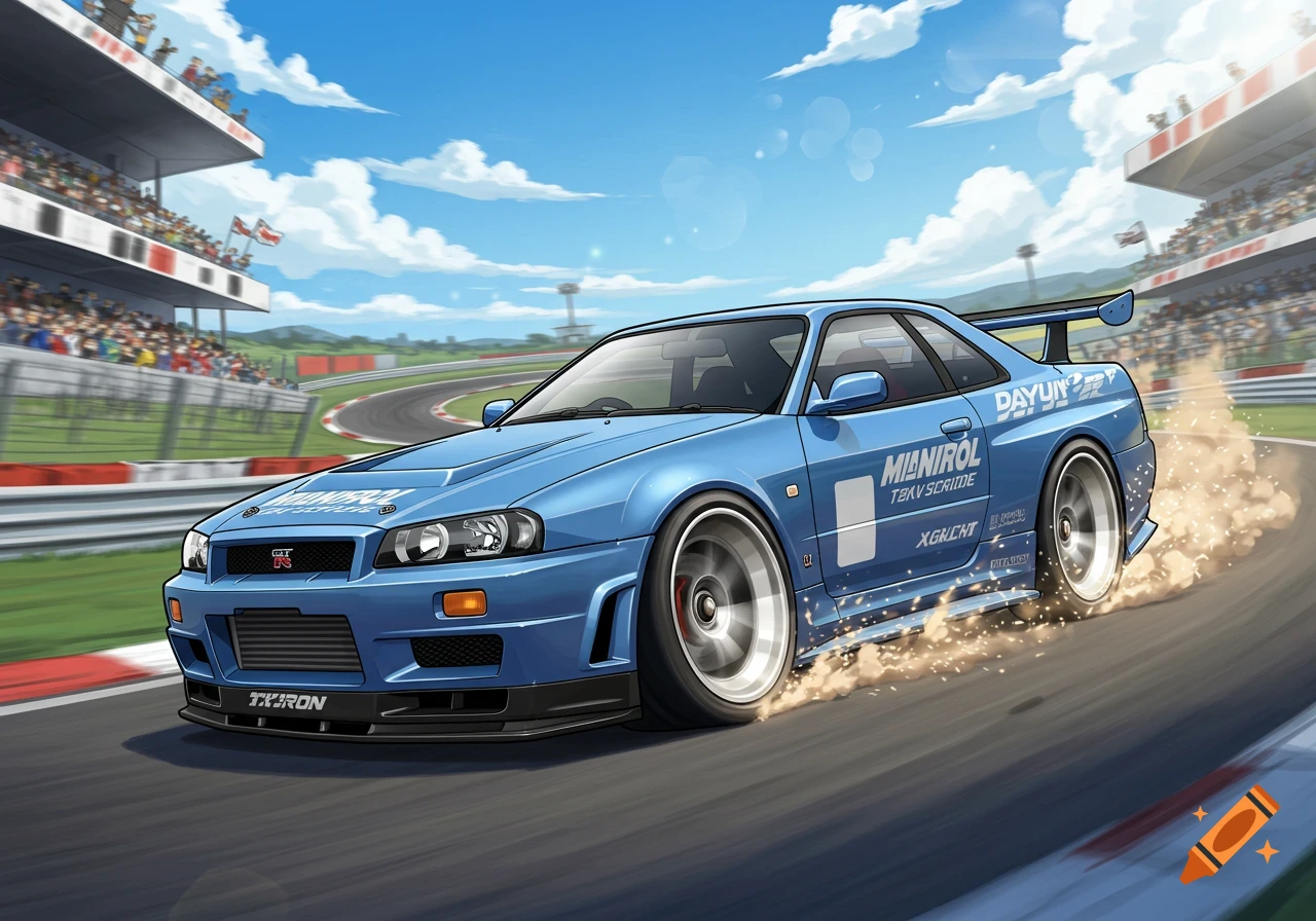 A blue cartoon Nissan Skyline R34 races and drifts on a track with grandstands full of spectators.