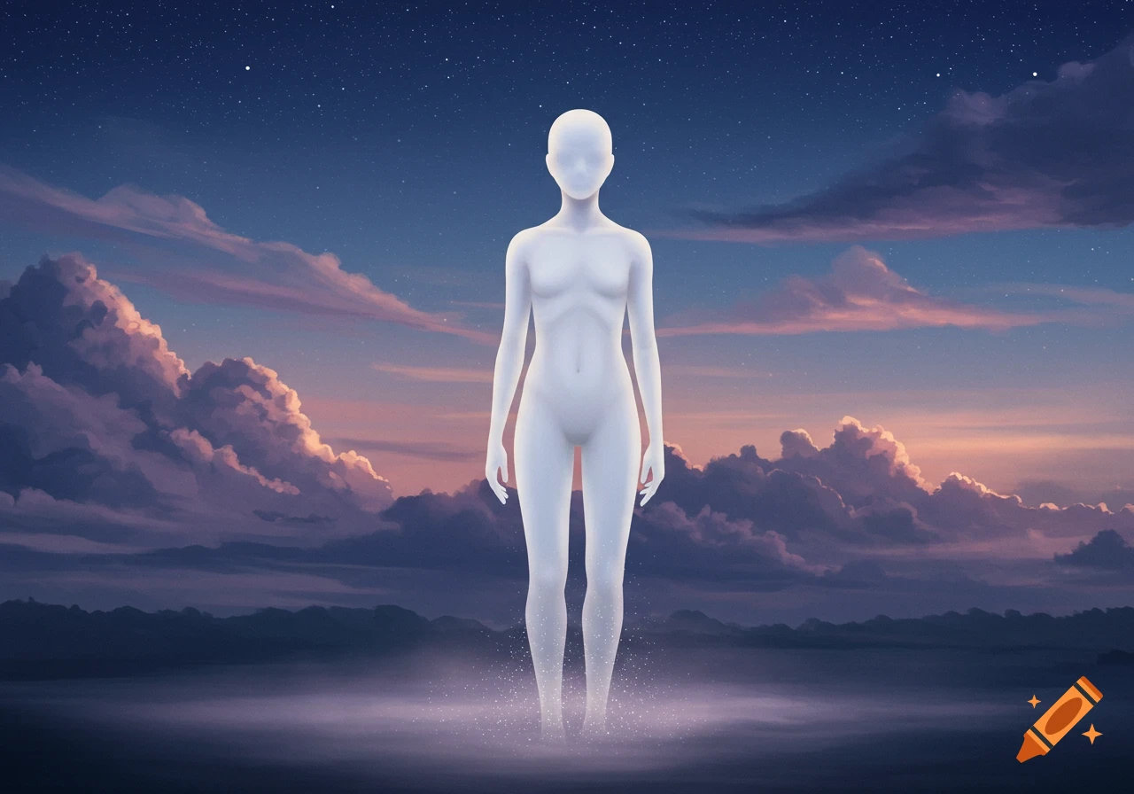 A glowing, featureless humanoid figure stands in a misty landscape under a starry twilight sky with pink and purple clouds.