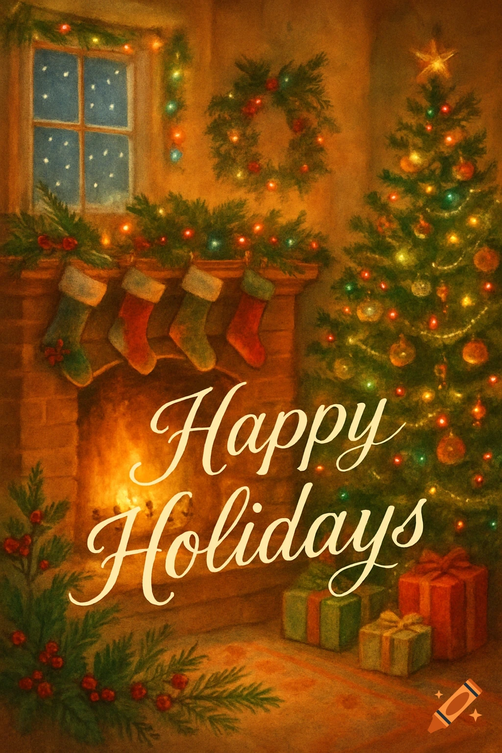 A cozy Christmas scene with a fireplace, stockings, a decorated tree, and presents. Text says 'Happy Holidays'.
