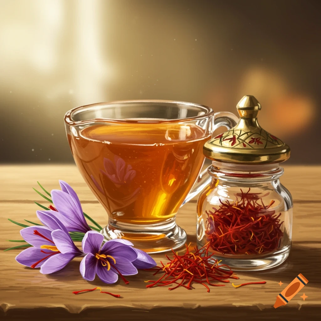 A clear glass cup of honey tea, a small jar of saffron threads with a golden lid, and fresh purple saffron flowers on a wooden table.