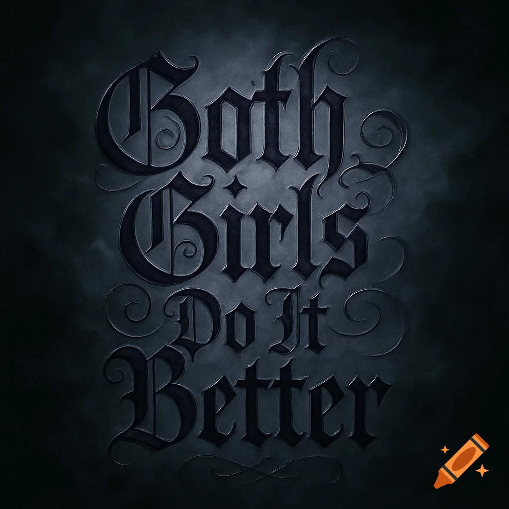 Gothic typography image with metallic letters reading 'Goth Girls Do It Better' on a dark, smoky background.