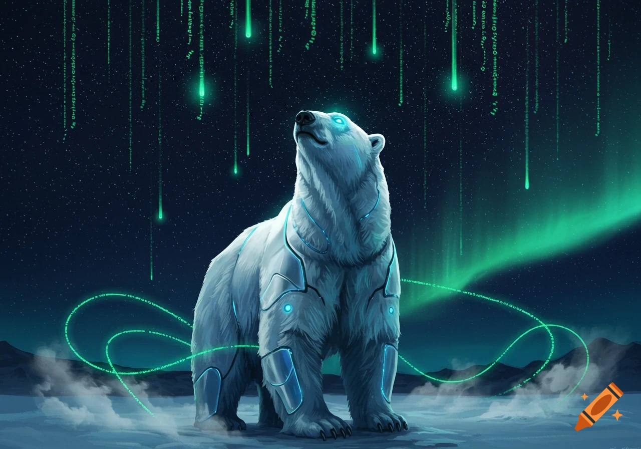 A futuristic polar bear with glowing blue armor stands in a snowy landscape under a night sky with falling green code and aurora borealis.