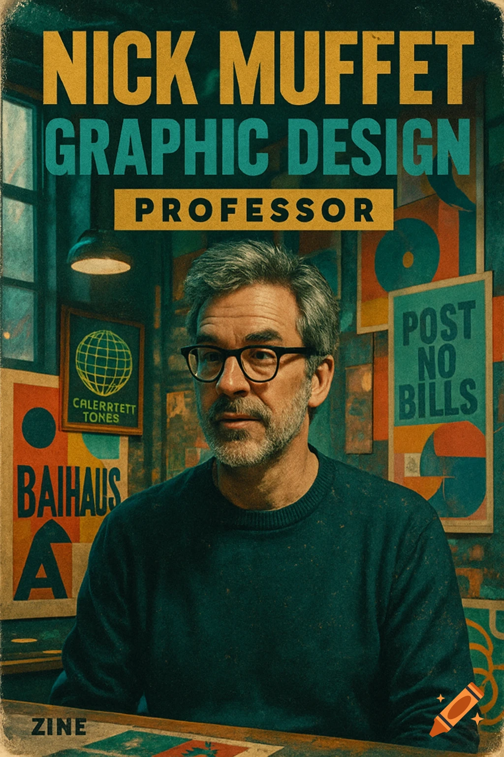 A man with glasses and gray hair, a graphic design professor, on a zine cover with large text and Bauhaus-style posters in the background.