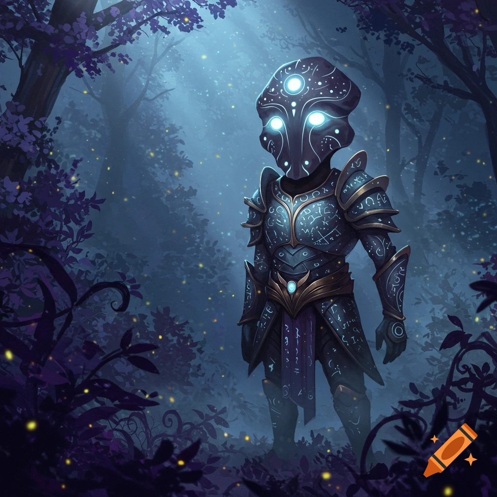 Fantasy warrior with an ornate, glowing helmet and armor covered in symbols, standing in a dark, magical forest lit by fireflies.