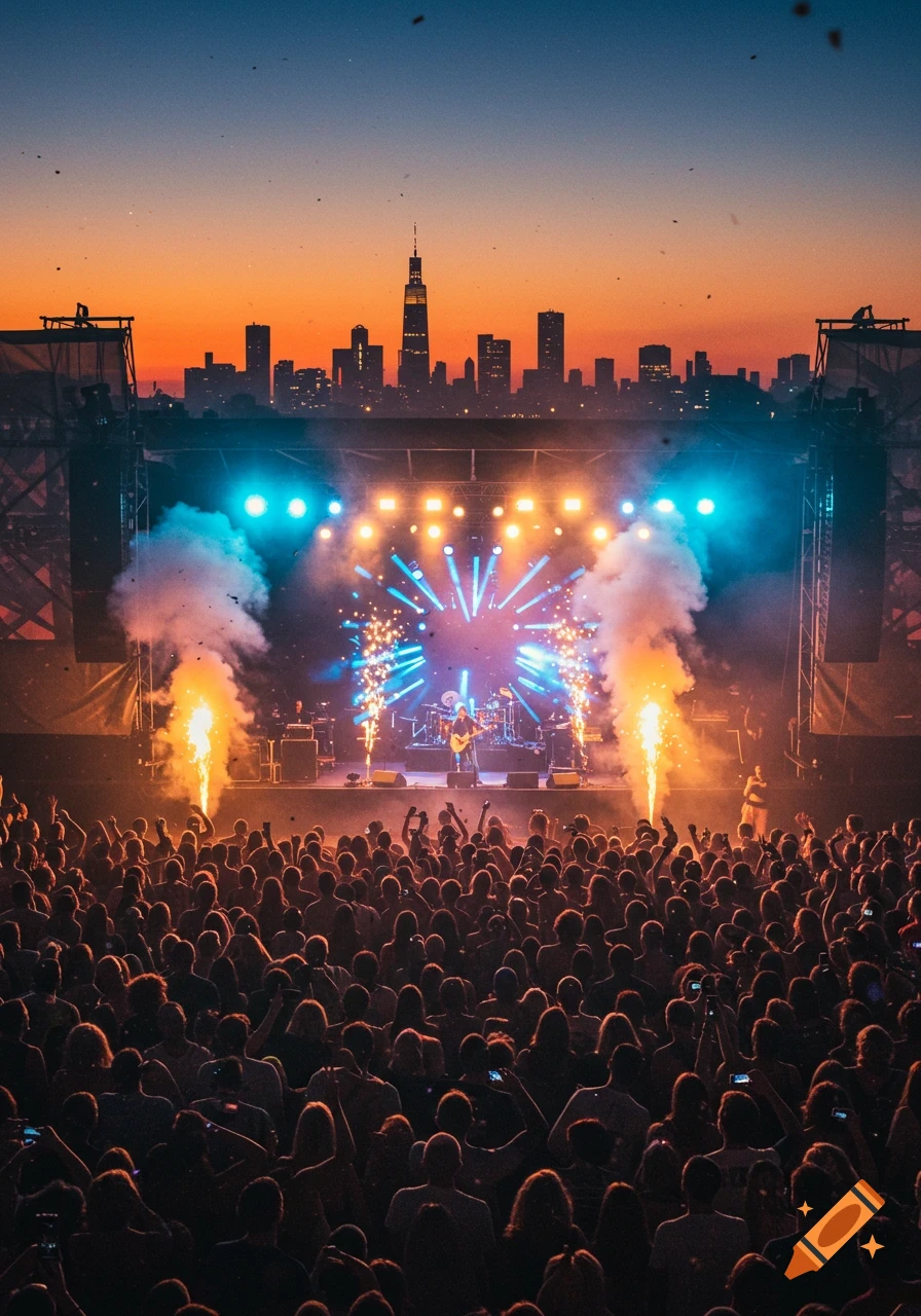 A vibrant outdoor music concert at dusk with a large crowd, a brightly lit stage with fireworks, and a city skyline.