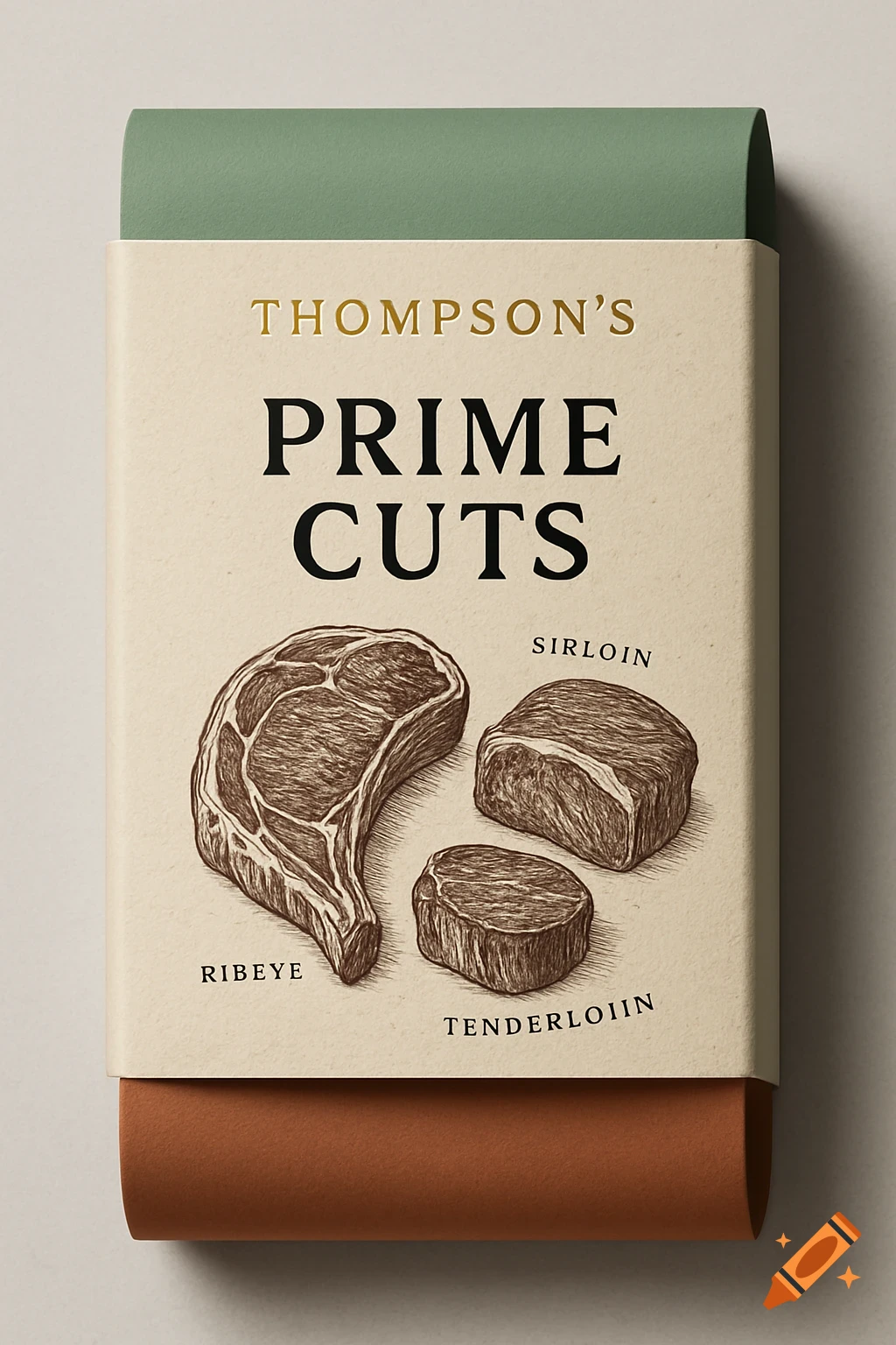 A product packaging sleeve labeled 'Thompson's Prime Cuts' with illustrations of ribeye, sirloin, and tenderloiin steaks.