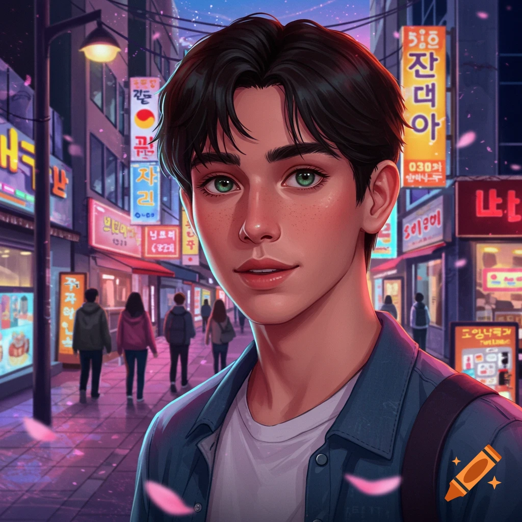 Anime portrait of a young man with dark hair and green eyes on a neon-lit Seoul street with cherry blossoms.