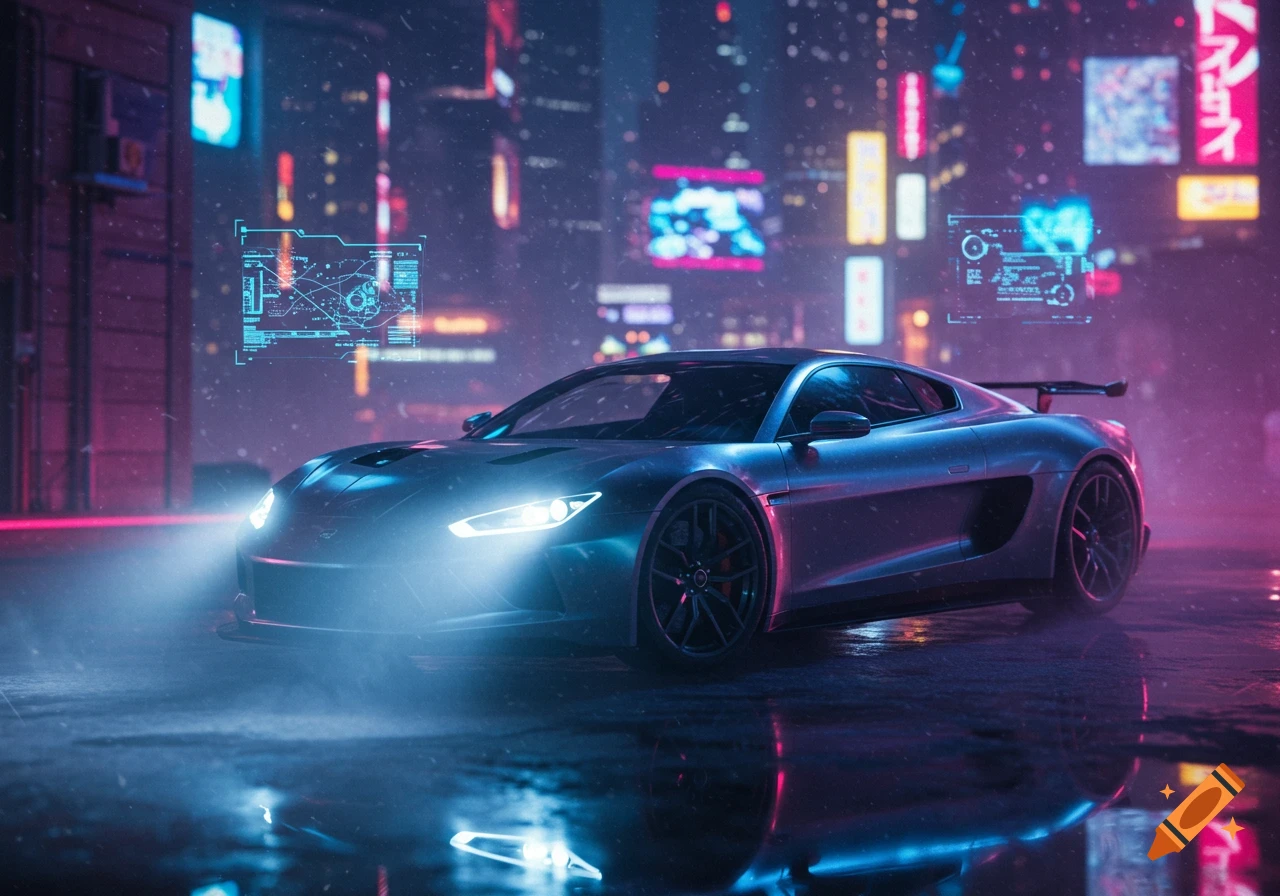 A futuristic silver sports car with glowing headlights on a wet street in a neon-lit cyberpunk city at night.