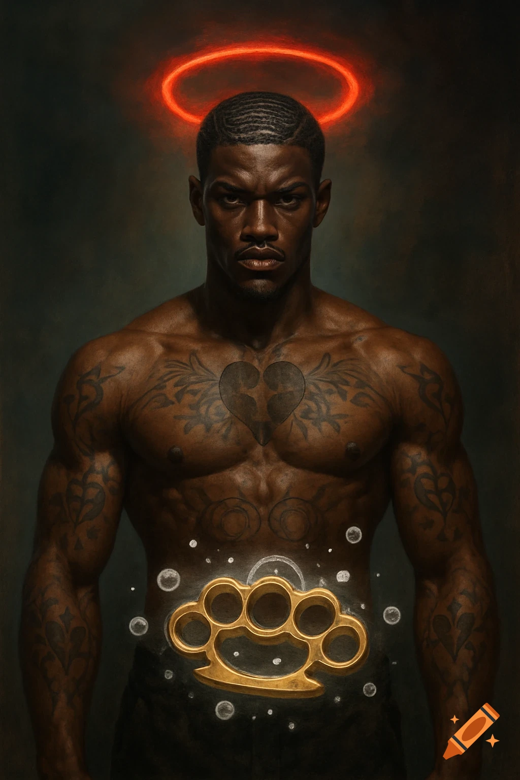 Portrait of a shirtless, muscular Black man with a red halo, wavy hair, chest tattoos including a broken heart, and floating golden brass knuckles.